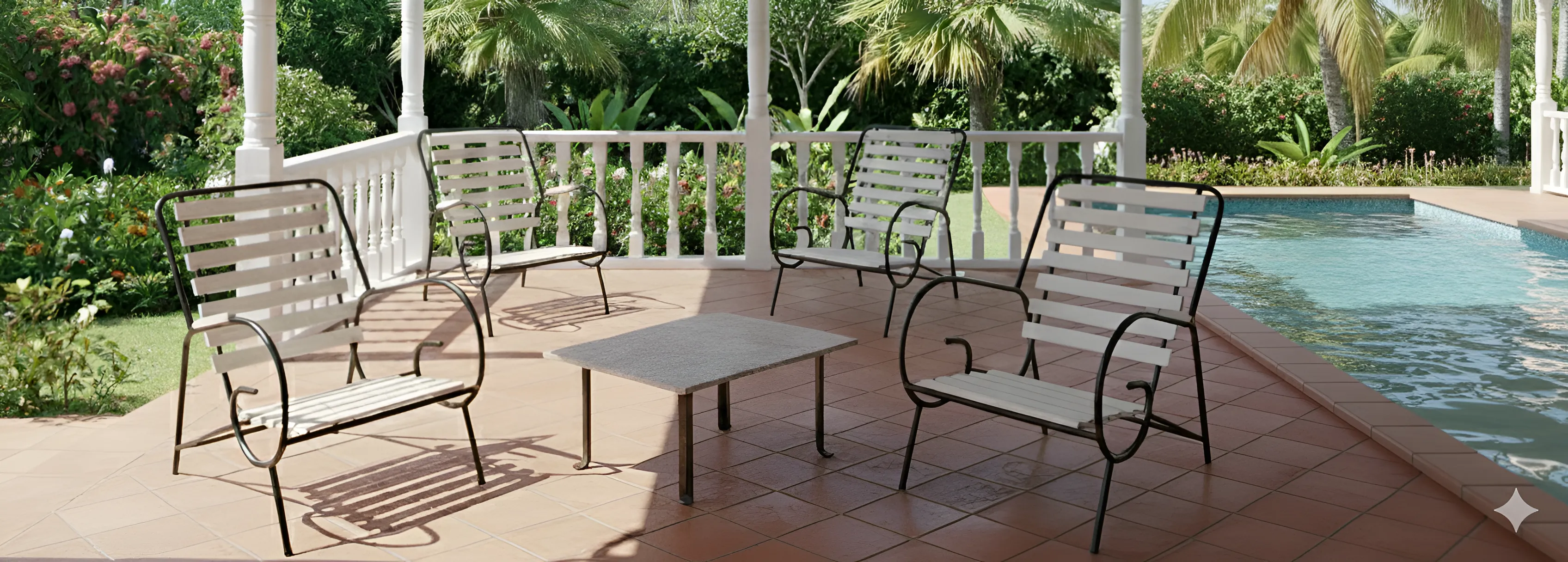 современная садовая мебель с креслами и столом на зеленом открытом пространстве